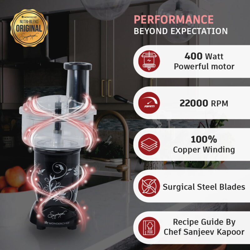 Nutri-blend Juicer, Mixer, Grinder, Smoothie Maker | Food Processor with Atta Kneader | 400W 22000 RPM 100% Full Copper Motor | SS Blades | 4 Unbreakable Jars | 2 Years Warranty | Recipe Book By Chef Sanjeev Kapoor | Black - Image 2