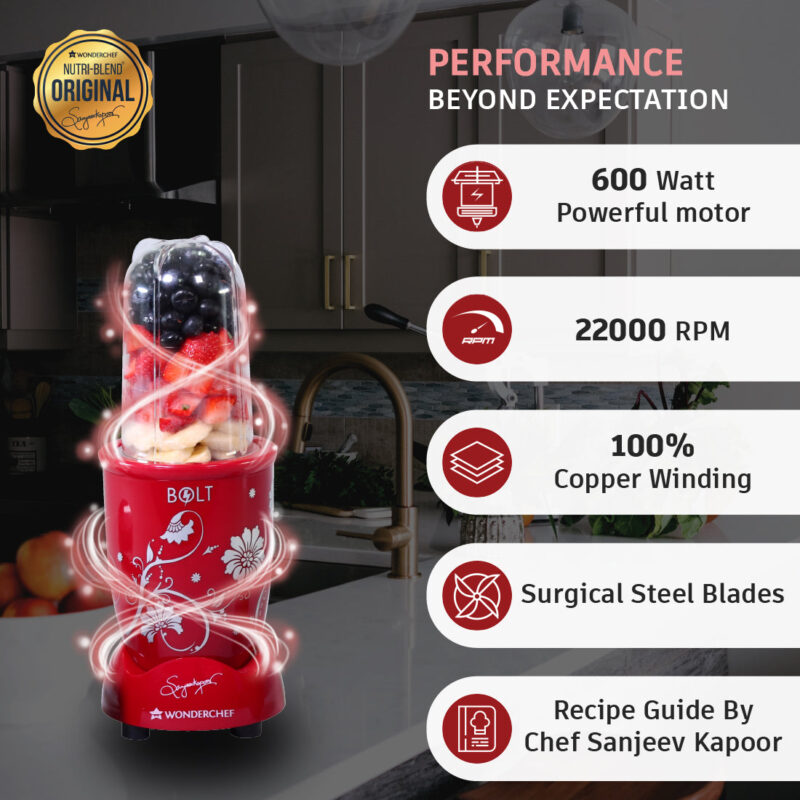 Nutri-blend BOLT-600W Mixer-Grinder, Stronger & Swifter with Sipper Lid, 22000RPM 100% Full Copper Motor, 2 Unbreakable Jars, Sharper Steel Blades, 2 Years Warranty, Red, Recipe Book By Chef Sanjeev Kapoor - Image 2