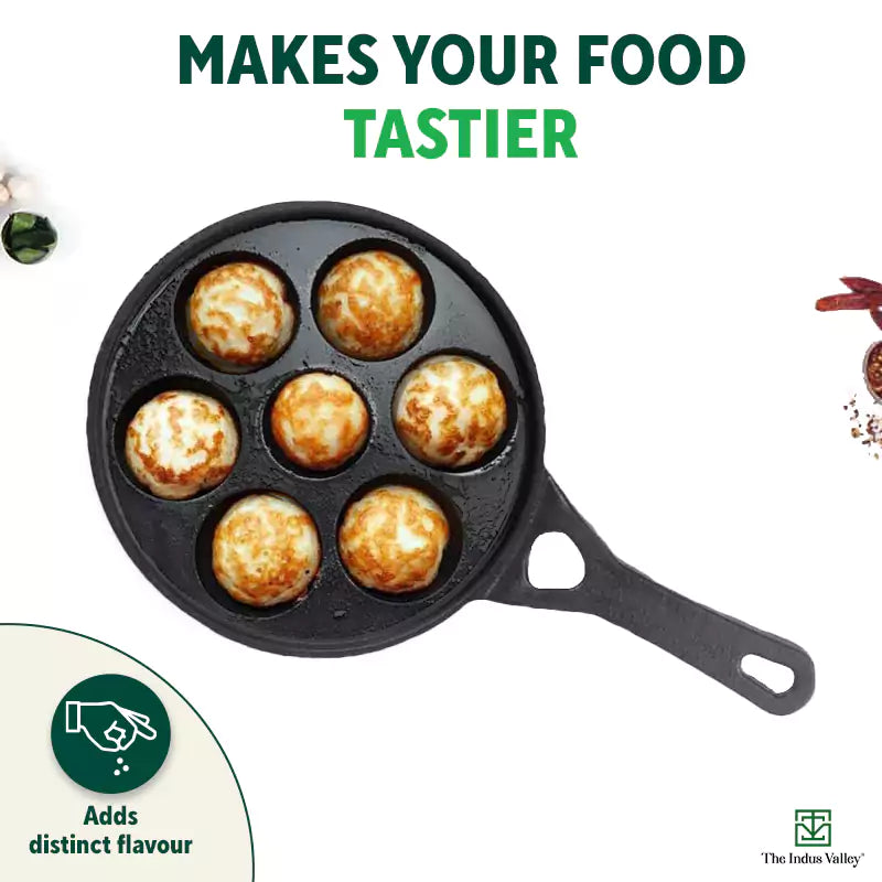 7 Pit/Cup CASTrong Cast Iron Paniyaram/Appe pan+ Free Spatula, Round, Long handle, Pre-seasoned, Nonstick, 100% Pure, Toxin-free, 21.5cm, 1.7kg - Image 9