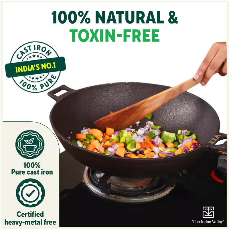 CASTrong Cast Iron Wok Kadai, Pre-seasoned, 100% Pure, Toxin-free, 31cm, 3.2L, 2.8kg - Image 4