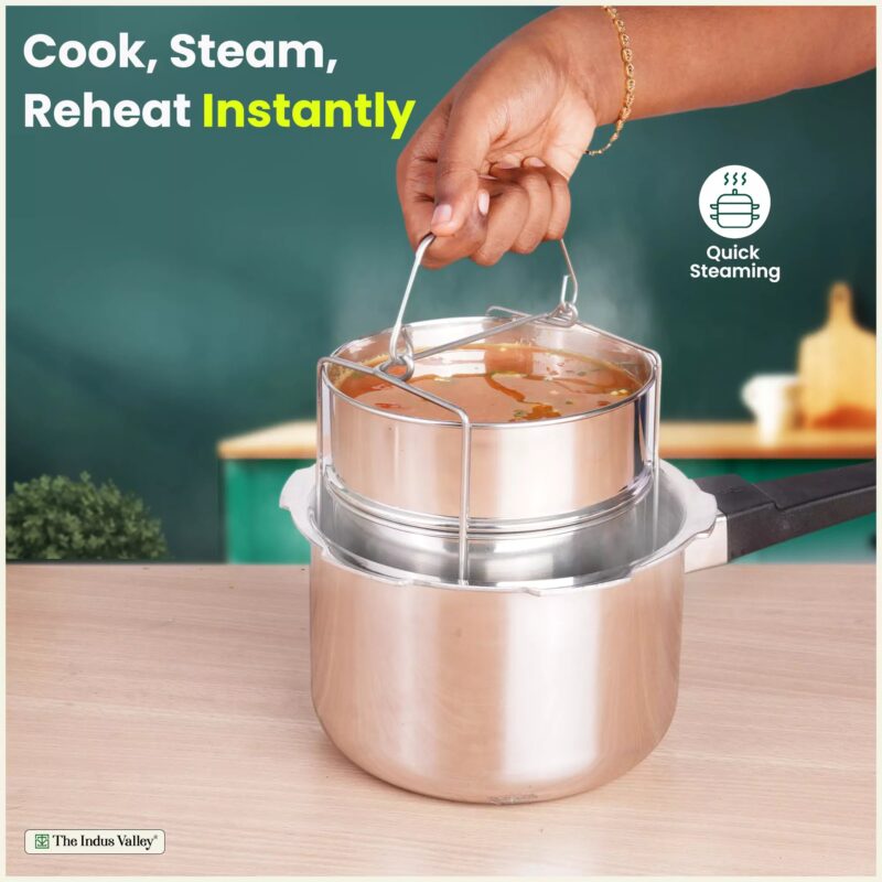 Stainless Steel Pressure Cooker Separator 2-tier Compatible with 3 Litres , Premium Quality, 100% Safe, 2 Containers With Lifter Stand, Stainless Steel - Image 3