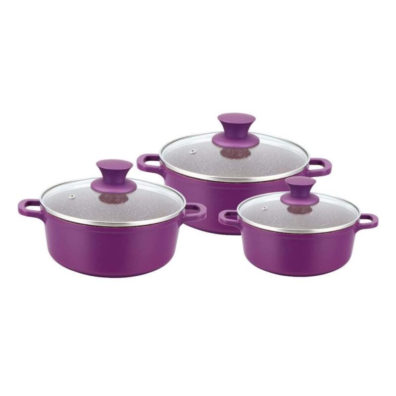 Granite Die-Cast Non-stick 6-piece Casserole Set with Lids, Induction bottom, Soft-touch handles, Virgin grade aluminium, PFOA/Heavy metals free, 3.5mm, 2 years warranty, Purple - Image 11