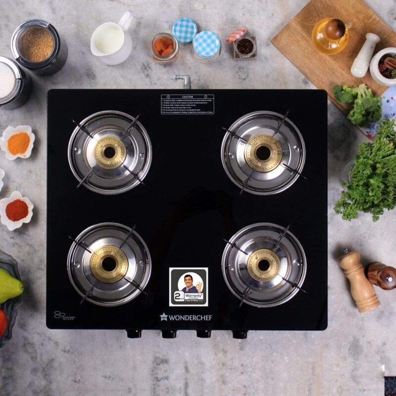 Power 4 Burner Glass Cooktop, Black 6mm Toughened Glass with 1 Year Warranty, Ergonomic Knobs, Tri Pin Brass Burner, Stainless-steel Spill Tray, Manual Ignition - Image 4