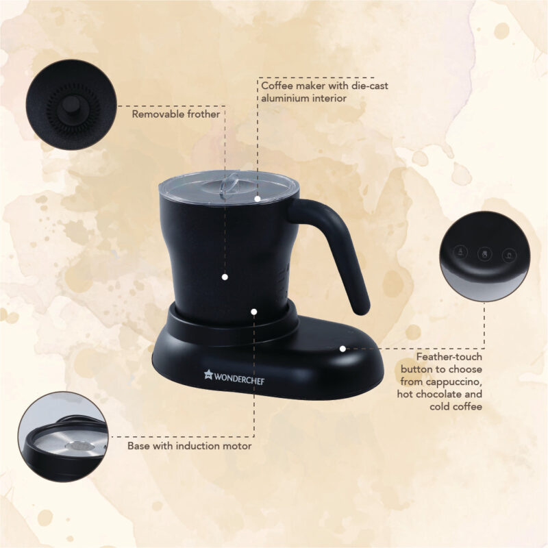 Wonderchef Cuppaccino Coffee Maker 550W | Coffee Machine for Home | Cappuccino from Instant Coffee in 3 Minutes | Professional Grade Froth | Hot Chocolate, Cold Coffee | Induction based brushless movement | 2 Years Warranty | Black - Image 4