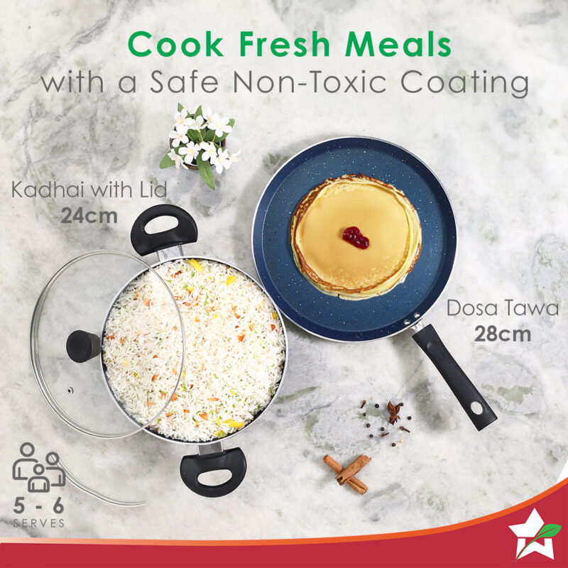 Galaxy 3pcs Cookware Set | Kadhai with Lid and Dosa Tawa | Induction Friendly | Cool Touch Bakelite Handles | Pure Grade Aluminium| PFOA Free| 2 Years Warranty | Midnight Blue - Image 3