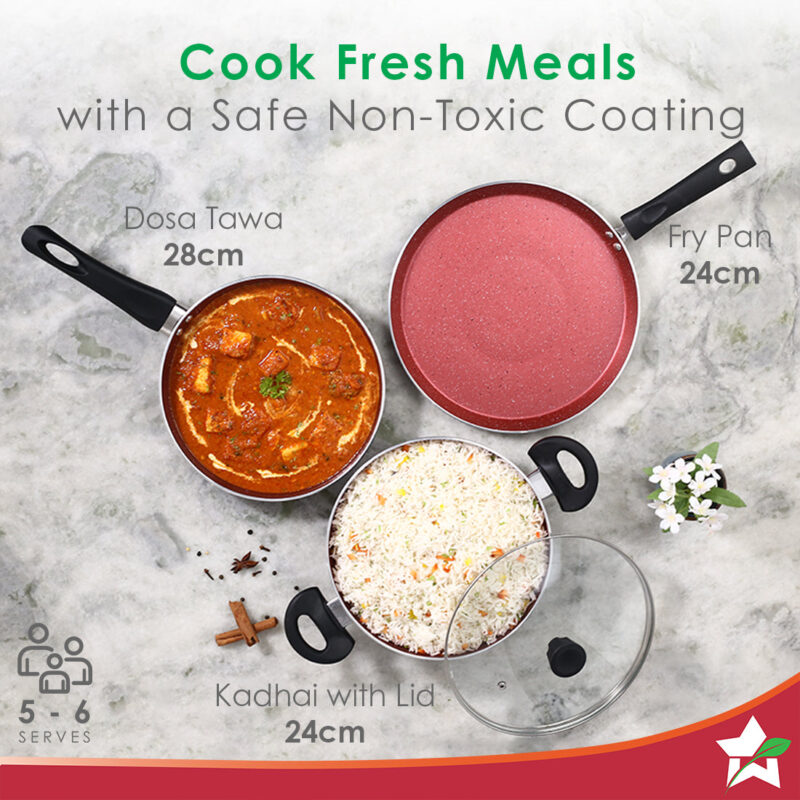 Galaxy Cookware 4 Piece Set | Kadhai with Lid, Fry Pan, Dosa Tawa | Induction Friendly | Cool Touch Bakelite Handles | Pure Grade Aluminium| PFOA Free| 2 Years Warranty | Brick Red - Image 2
