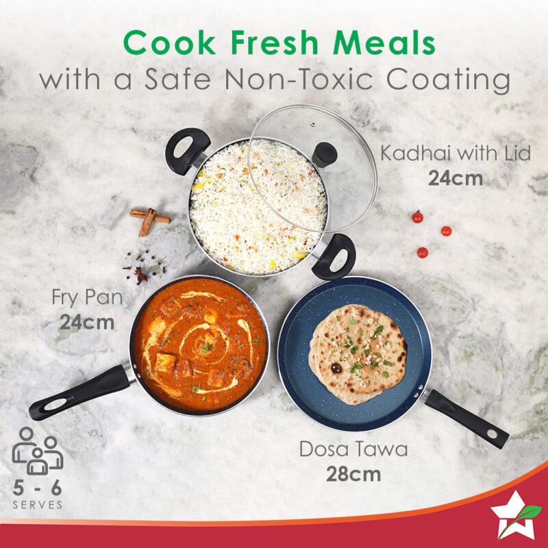 Galaxy Cookware 4 Piece Set | 24 cm Kadhai with Lid, 24 cm Fry Pan, 28 cm Dosa Tawa | Induction Friendly | Cool Touch Bakelite Handles | Pure Grade Aluminium| PFOA Free| 2 Years Warranty | Midnight Blue - Image 3