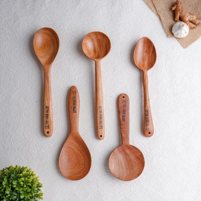 100% Natural Neem Wood Cooking & Serving Spoons/Spatula/Ladles, Set of 5, Toxin-free, Anti-microbial - Image 8