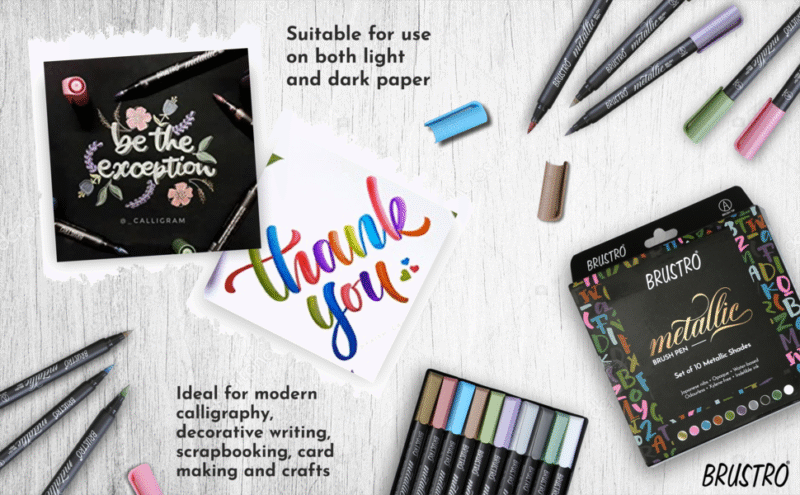 BRUSTRO Metallic Brush Pens - Soft Brush Tip Set of 10 Colors. with Colour Brush Pens Set of 12 (Pigment Based, Hard tip Brush Pen) Flexible tip for Calligraphy, Lettering and Drawing Techniques. - Image 3