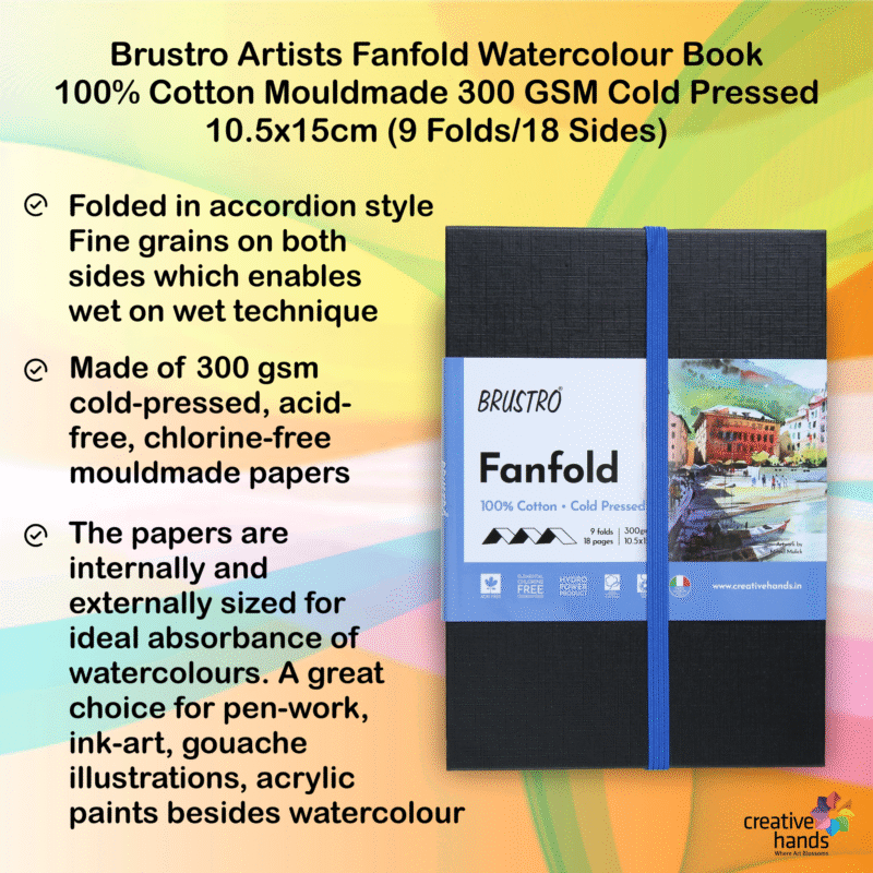 Brustro Artists Fanfold Watercolour Book 100% Cotton Mouldmade 300 GSM Cold Pressed 10.5x15cm.(9 Folds/18 Sides)