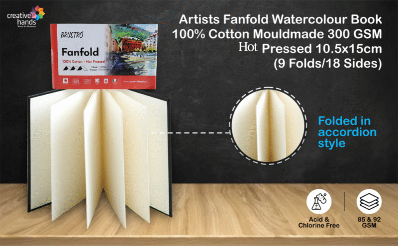 Brustro Artists Fanfold Watercolour Book 100% Cotton Mouldmade 300 GSM Hot Pressed 10.5x15cm.(9 Folds/18 Sides) - Image 3