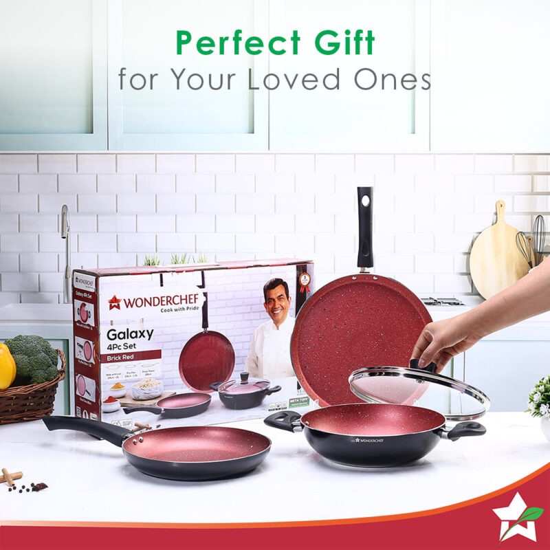 Galaxy Cookware 4 Piece Set | Kadhai with Lid, Fry Pan, Dosa Tawa | Induction Friendly | Cool Touch Bakelite Handles | Pure Grade Aluminium| PFOA Free| 2 Years Warranty | Brick Red - Image 3