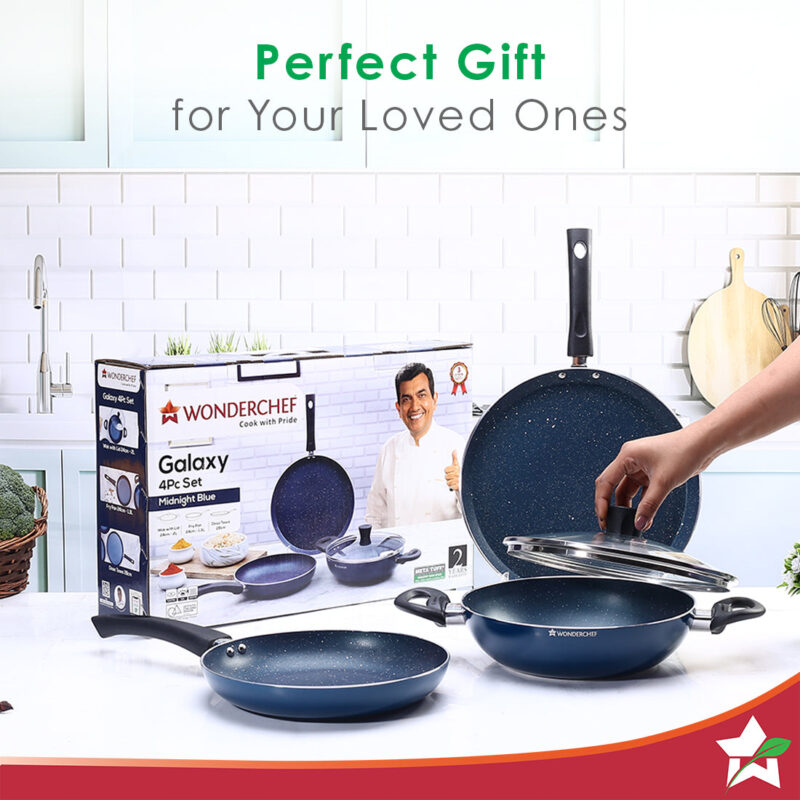 Galaxy Cookware 4 Piece Set | 24 cm Kadhai with Lid, 24 cm Fry Pan, 28 cm Dosa Tawa | Induction Friendly | Cool Touch Bakelite Handles | Pure Grade Aluminium| PFOA Free| 2 Years Warranty | Midnight Blue - Image 4