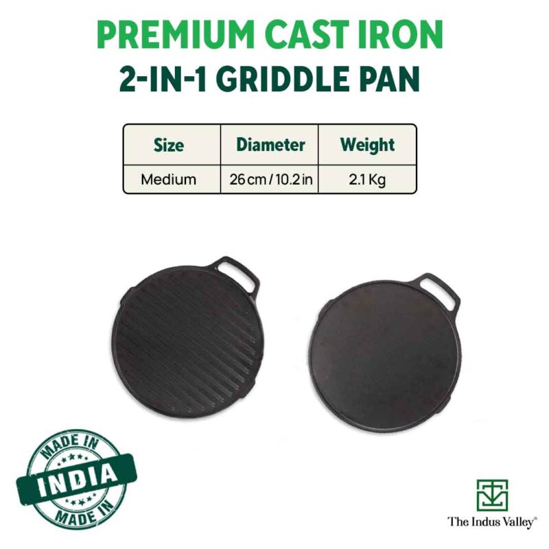 CASTrong Cast Iron 2-in-1 Griddle (Grill Pan + Tawa), Pre-seasoned, 100% Pure, Toxin-free, Induction, Round, 26cm, 2.1 Kg - Image 3