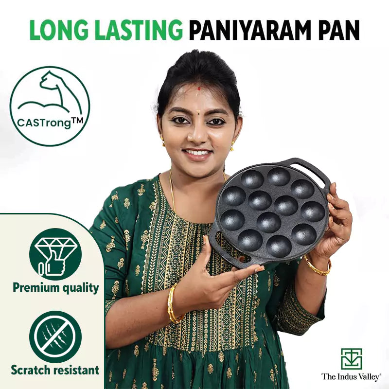 12 Pit/Cup CASTrong Cast Iron Kuzhi Paniyaram/Paddu Pan/Appe Maker, Pre-seasoned, 100% Pure, Toxin-free, Free Spatula, 21 cm, 2.2 kg - Image 9