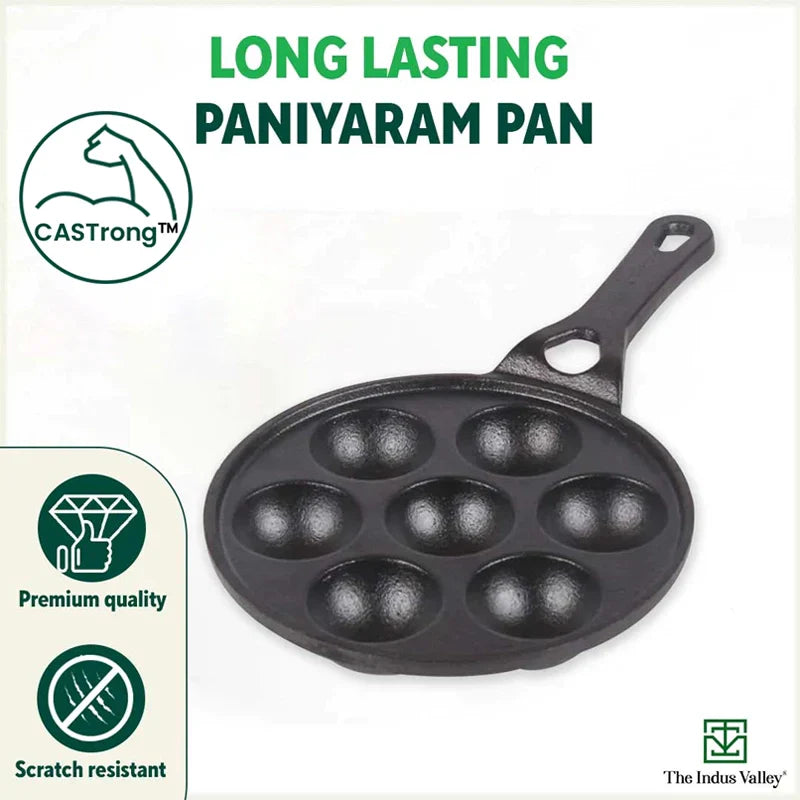 7 Pit/Cup CASTrong Cast Iron Paniyaram/Appe pan+ Free Spatula, Round, Long handle, Pre-seasoned, Nonstick, 100% Pure, Toxin-free, 21.5cm, 1.7kg - Image 10