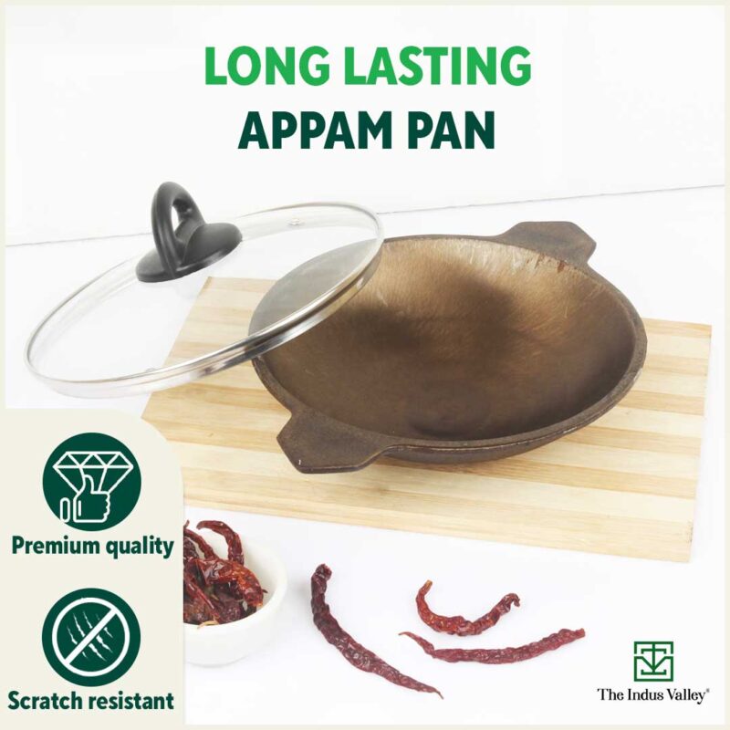 Super Smooth Cast Iron Appam Pan/Appachetty, Glass Lid,Pre-seasoned, Nonstick, 100% Pure, Toxin-free, 22cm, 1.9kg - Image 9