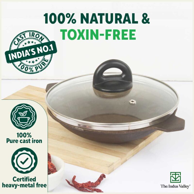 Super Smooth Cast Iron Appam Pan/Appachetty, Glass Lid,Pre-seasoned, Nonstick, 100% Pure, Toxin-free, 22cm, 1.9kg - Image 4