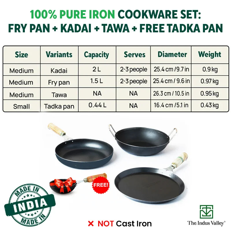 100% Pure Iron Cookware Set: Kadai+ Tawa+ Fry Pan, Toxin-free Sheet Iron, Pre-seasoned, Induction & Gas, Kitchen Set for Home, Free ₹400 Tadka Pan - Image 2