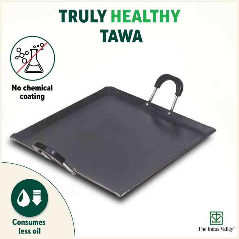 100% Pure Sheet Iron Tawa, Square, Cool Bakelite Handle, Seasoned, Toxin-free, Induction, 29.5cm, 1.88kg - Image 4
