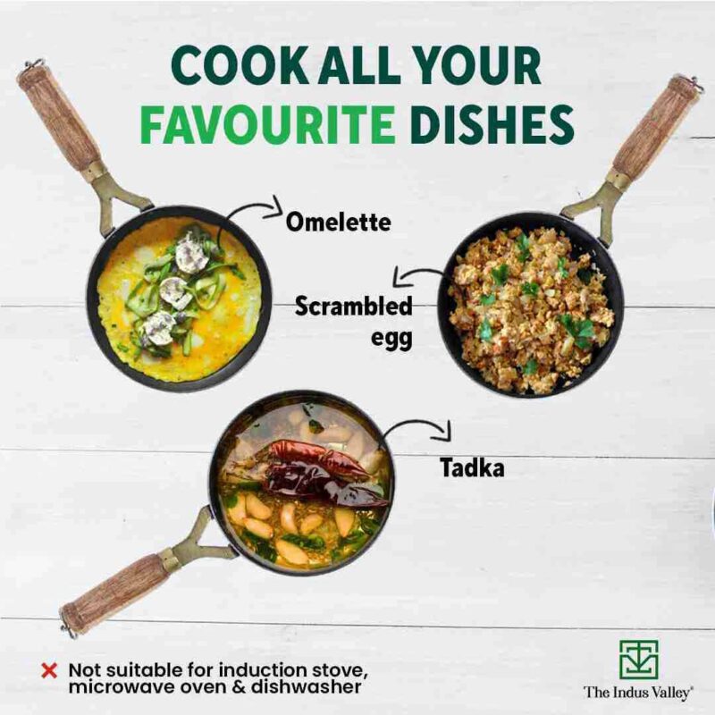 100% Pure Sheet Iron Tadka Pan with Wooden/Silicone Handle, Seasoned, Toxin-free, 0.8/0.43ml - Image 11