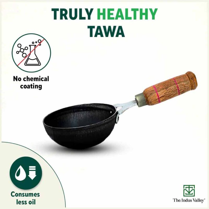 100% Pure Sheet Iron Tadka Pan with Wooden/Silicone Handle, Seasoned, Toxin-free, 0.8/0.43ml - Image 4