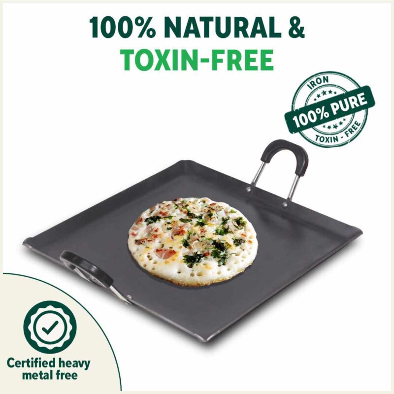 100% Pure Sheet Iron Tawa, Square, Cool Bakelite Handle, Seasoned, Toxin-free, Induction, 29.5cm, 1.88kg - Image 5