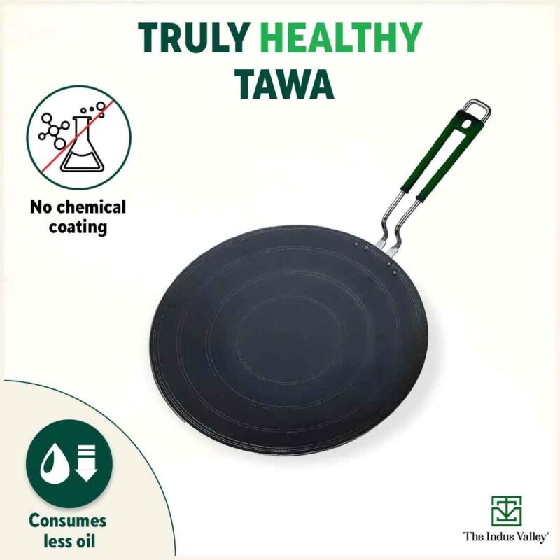 100% Pure Sheet Iron Tawa, Concave, Toxin-free, Seasoned, Silicone Handle,25.5cm/30.5cm - Image 3