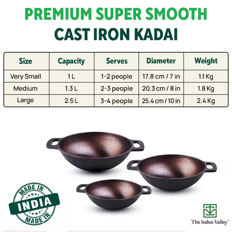 Super Smooth Cast Iron Kadai (Wok Model), Pre-seasoned, Nonstick, 100% Pure, Toxin-free, 17.8/20.3cm, 1/1.3L, 1.1/1.8kg - Image 3