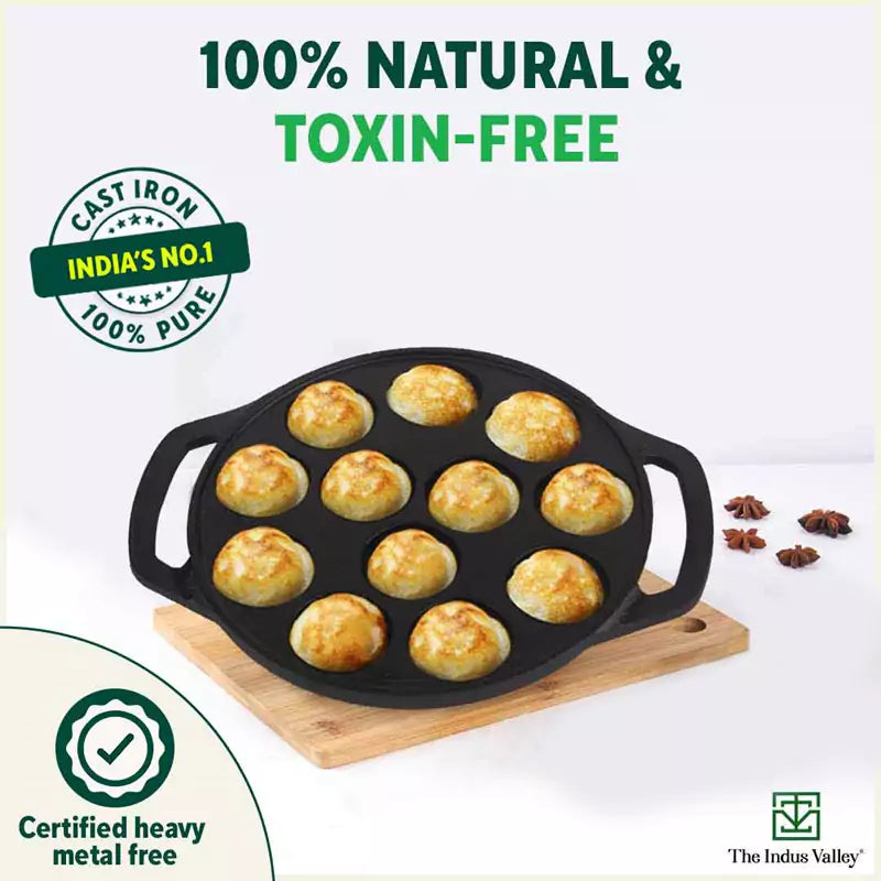 12 Pit/Cup CASTrong Cast Iron Kuzhi Paniyaram/Paddu Pan/Appe Maker, Pre-seasoned, 100% Pure, Toxin-free, Free Spatula, 21 cm, 2.2 kg - Image 6