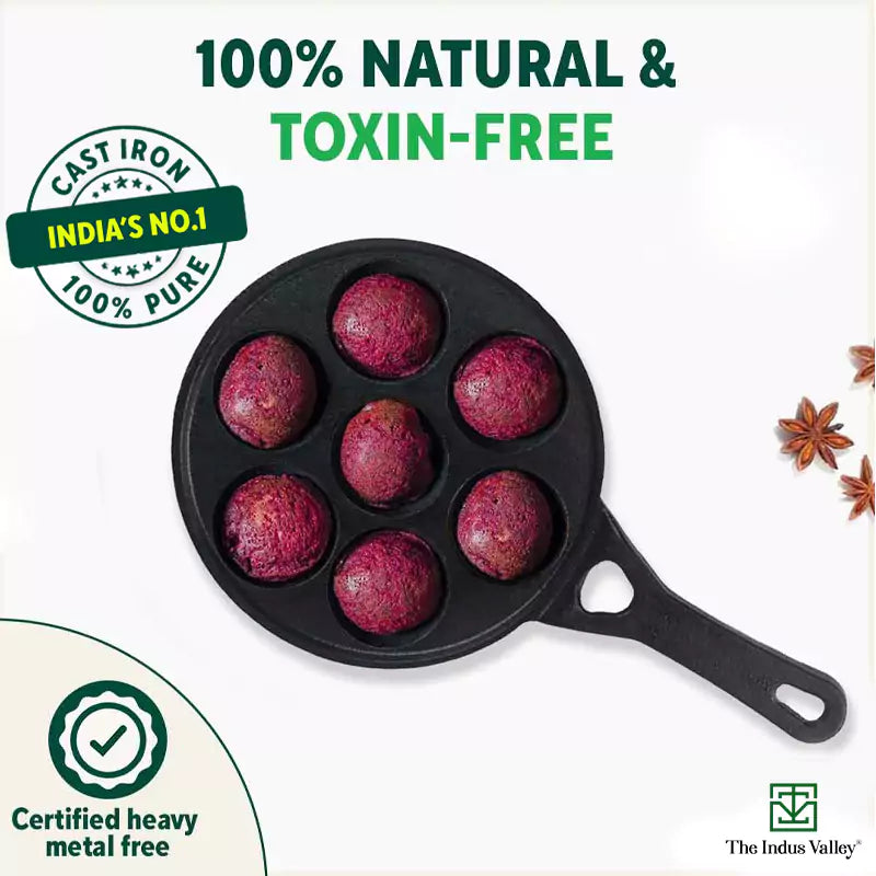 7 Pit/Cup CASTrong Cast Iron Paniyaram/Appe pan+ Free Spatula, Round, Long handle, Pre-seasoned, Nonstick, 100% Pure, Toxin-free, 21.5cm, 1.7kg - Image 5