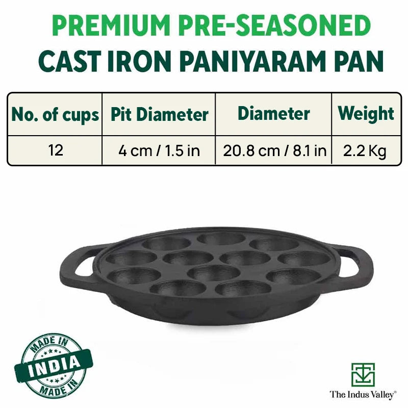 12 Pit/Cup CASTrong Cast Iron Paniyaram/Appe Pan, Pre-seasoned, Toxin-free, Free Cool Silicone Grip + Spatula, 21 cm, 2.2 kg - Image 2