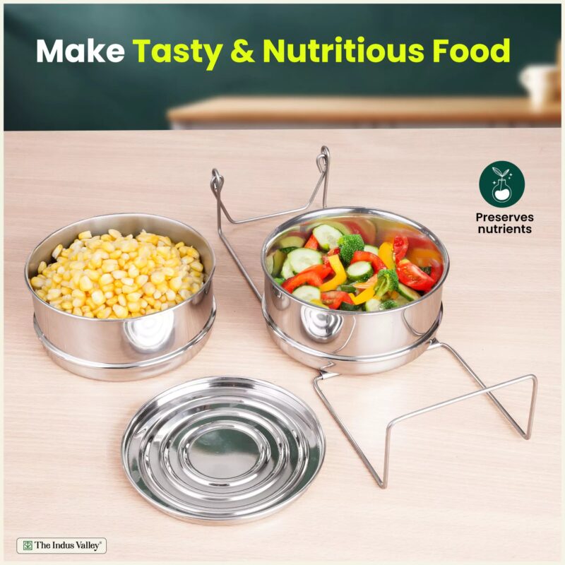 Stainless Steel Pressure Cooker Separator 2-tier Compatible with 3 Litres , Premium Quality, 100% Safe, 2 Containers With Lifter Stand, Stainless Steel - Image 2