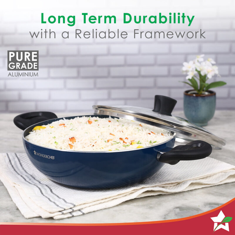 Galaxy Cookware 4 Piece Set | 24 cm Kadhai with Lid, 24 cm Fry Pan, 28 cm Dosa Tawa | Induction Friendly | Cool Touch Bakelite Handles | Pure Grade Aluminium| PFOA Free| 2 Years Warranty | Midnight Blue - Image 5