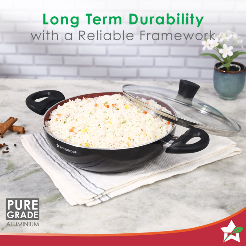 Galaxy Cookware 4 Piece Set | Kadhai with Lid, Fry Pan, Dosa Tawa | Induction Friendly | Cool Touch Bakelite Handles | Pure Grade Aluminium| PFOA Free| 2 Years Warranty | Brick Red - Image 4