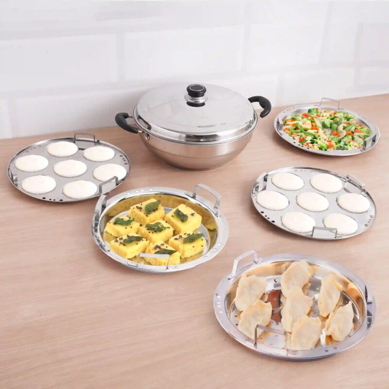 7 Pit Tri-Steel Premium Stainless Steel Idli/ Dhokla/ Momo Maker/ Multi Pot/ Veg Steaming Set, Tri-ply Induction Bottom, 5 Plates, 4.2L, 2.5kg - Image 12