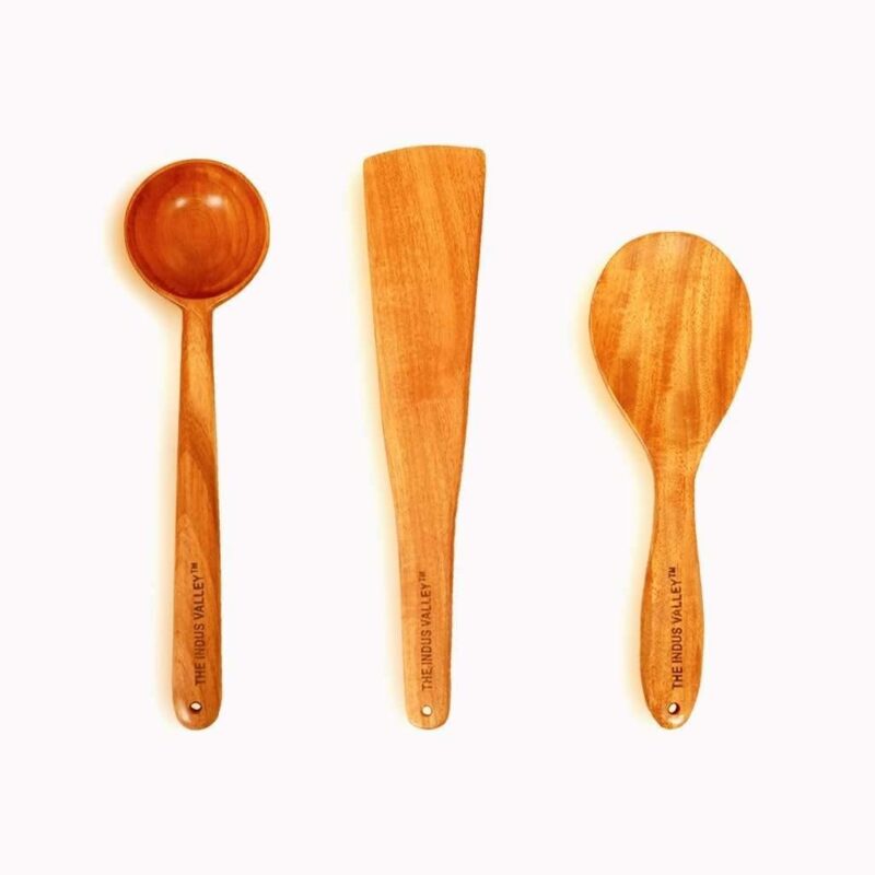 100% Natural Neem Wood Cooking & Serving Spoons/Spatula/Ladles, Set of 3, Toxin-free, Anti-microbial
