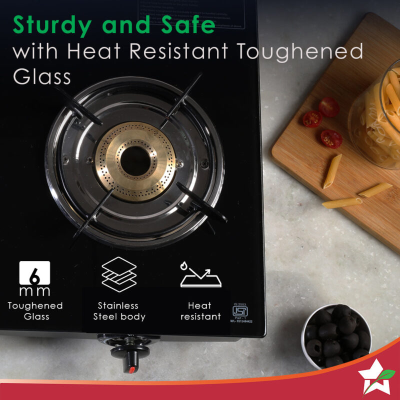 Ultima 3 Burner Manual Glass Cooktop | 6mm Toughened Glass Cooktop | Stainless Steel Drip tray | Anti-Skid Legs | Large Pan support | Manual Ignition | 360 degree Revolving Nozzle | Black steel frame | 2 Year Warranty | Black - Image 2