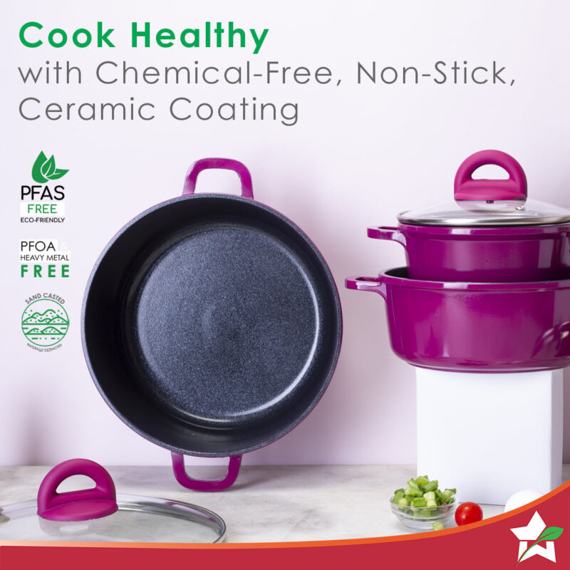 Ceramide Non-stick Casserole Set, 6Pc (1.2L, 2.3L, 3.9L), Induction Bottom, Soft Touch Handle, Pure Grade Aluminium, PFOA/Heavy Metals Free, 2.2mm, Pink, 2 Years Warranty - Image 2