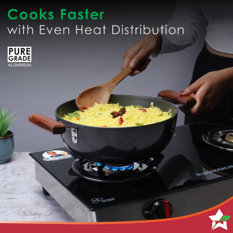 Ebony 24 cm Hard Anodized Deep Kadhai/Kadai with Lid - 3 Litre | Ideal for Sauteeing veggies, Dal and Curries | Black - Image 4