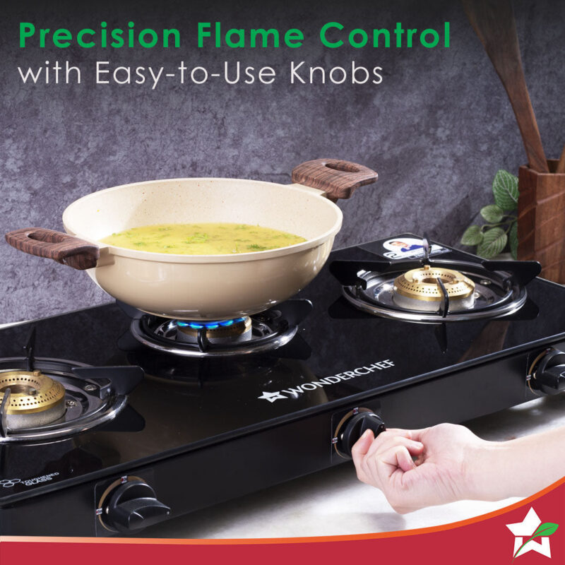 Ultima 3 Burner Manual Glass Cooktop | 6mm Toughened Glass Cooktop | Stainless Steel Drip tray | Anti-Skid Legs | Large Pan support | Manual Ignition | 360 degree Revolving Nozzle | Black steel frame | 2 Year Warranty | Black - Image 4