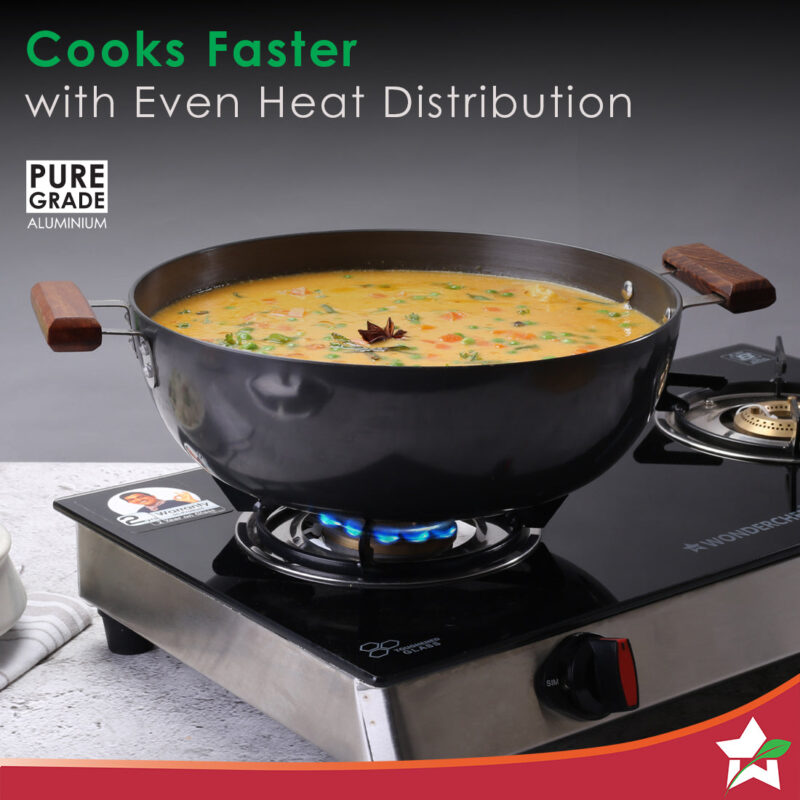 Ebony 30 cm Hard Anodized Deep Kadhai/Kadai with Lid - 6 Litre | Ideal for Sauteeing veggies, Dal and Curries | Black - Image 4