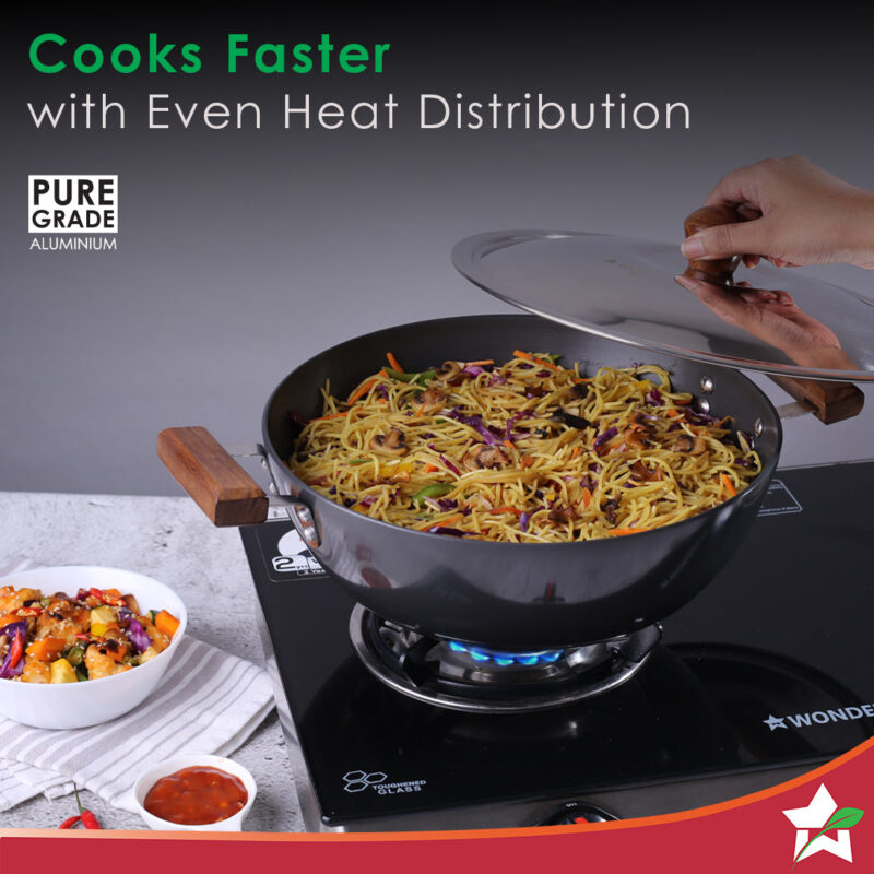 Ebony Hard Anodized 28 cm Wok with Lid | 4.5 Litre | Ideal for Biryani, Pulao|  Black / Brown - Image 4