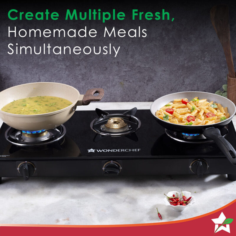 Ultima 3 Burner Manual Glass Cooktop | 6mm Toughened Glass Cooktop | Stainless Steel Drip tray | Anti-Skid Legs | Large Pan support | Manual Ignition | 360 degree Revolving Nozzle | Black steel frame | 2 Year Warranty | Black - Image 5