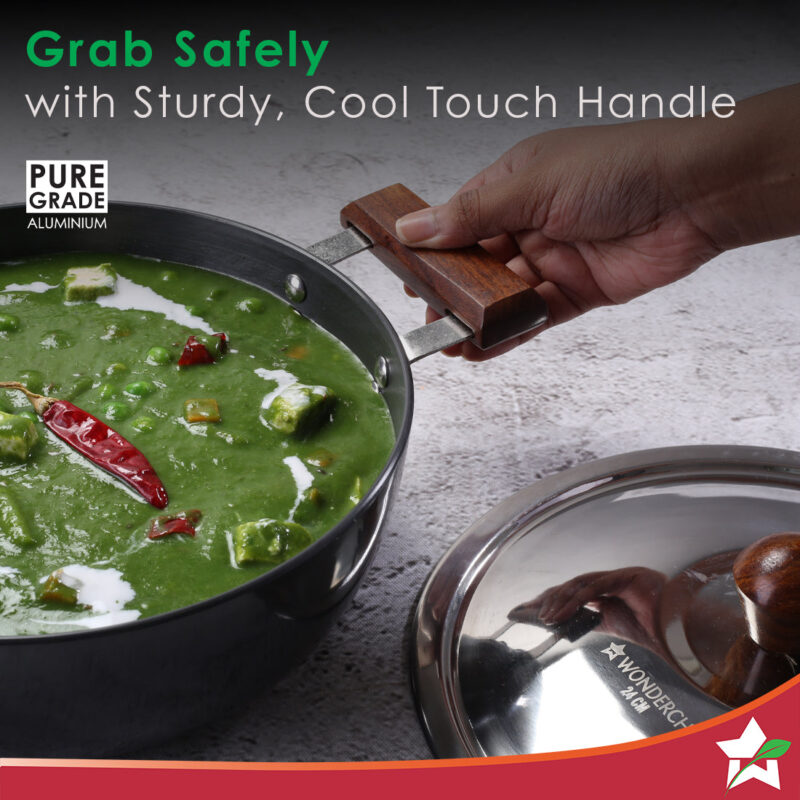 Ebony 24 cm Hard Anodized Deep Kadhai/Kadai with Lid - 3 Litre | Ideal for Sauteeing veggies, Dal and Curries | Black - Image 5