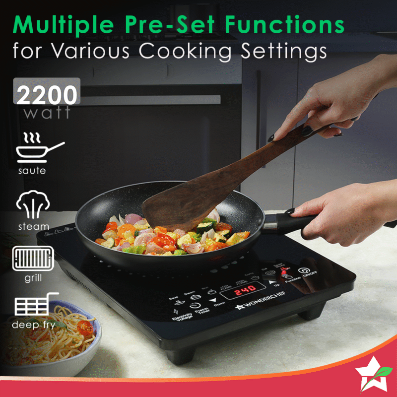 Swift Induction Cooktop with 8 Power Settings|2200 Watt Induction Cooktop| Pre-set Menus for Soups, Curries, Dals, Saute Masala|Crystal Glass Top Surface| LCD Digital Panel | Smart Touch Buttons|Compact & Portable Induction Cooktop| 2 Year Warranty - Image 2
