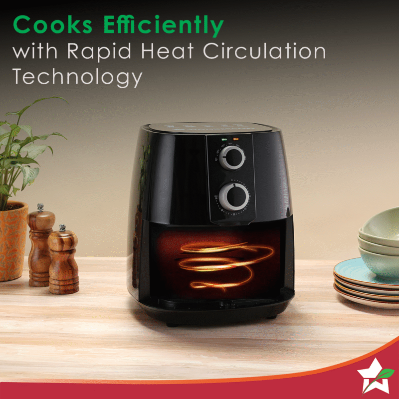 Prato Manual Air Fryer for Home and Kitchen with 5 Pre-set Menu|3.8 Litres Non-stick Basket| Fry, Grill, Bake & Roast| Rapid Air Technology| Auto Shut-Off| Healthy Cooking with 99% less Fat| Sleek & Compact| 1450 Wattage| Black| 1 Year Warranty - Image 4