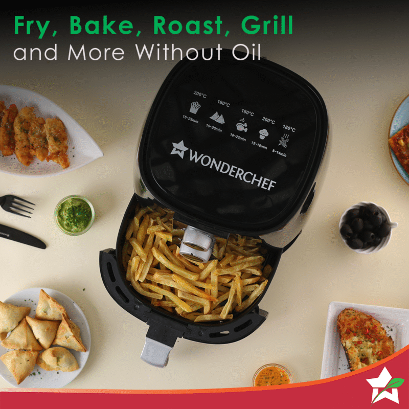 Prato Manual Air Fryer for Home and Kitchen with 5 Pre-set Menu|3.8 Litres Non-stick Basket| Fry, Grill, Bake & Roast| Rapid Air Technology| Auto Shut-Off| Healthy Cooking with 99% less Fat| Sleek & Compact| 1450 Wattage| Black| 1 Year Warranty - Image 6