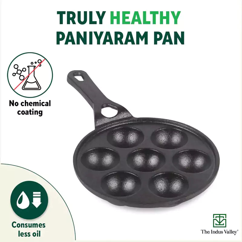 7 Pit/Cup CASTrong Cast Iron Paniyaram/Appe pan+ Free Spatula, Round, Long handle, Pre-seasoned, Nonstick, 100% Pure, Toxin-free, 21.5cm, 1.7kg - Image 3