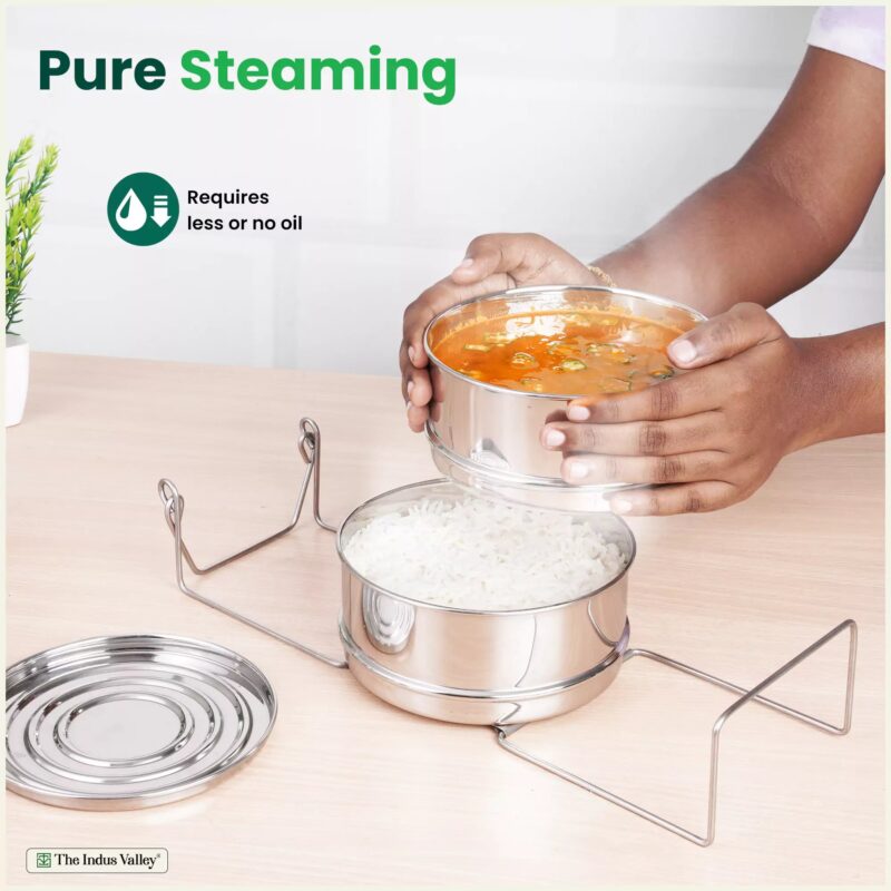 Stainless Steel Pressure Cooker Separator 2-tier Compatible with 3 Litres , Premium Quality, 100% Safe, 2 Containers With Lifter Stand, Stainless Steel - Image 6